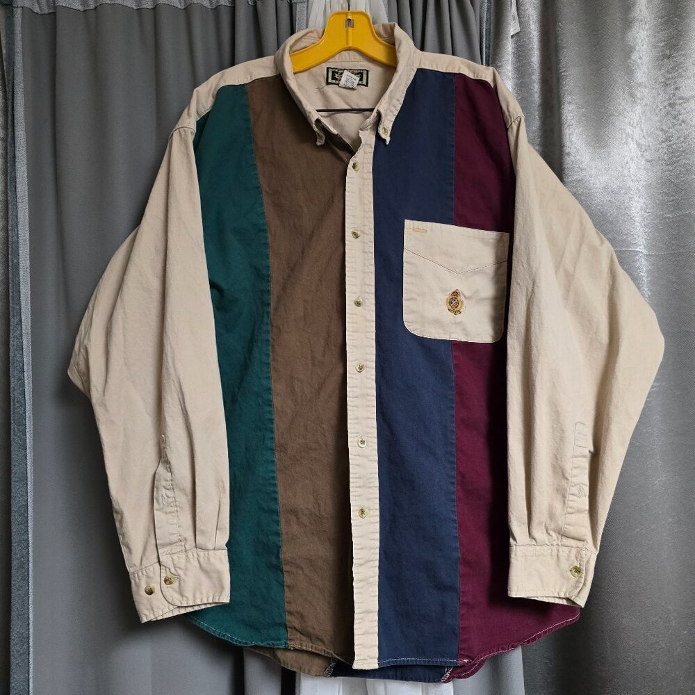 Vintage 90s Mens XXL Colorblock Striped Hunting Horn Button Up Long Sleeve Shirt